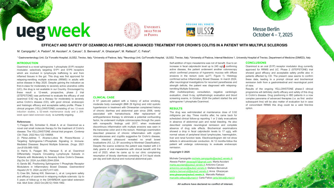 EFFICACY AND SAFETY OF OZANIMOD AS FIRST-LINE ADVANCED TREATMENT FOR CROHN'S COLITIS IN A PATIENT WITH MULTIPLE SCLEROSIS