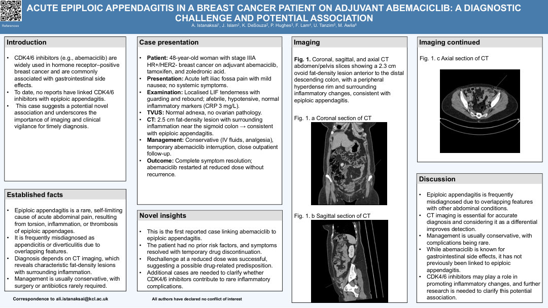 ACUTE EPIPLOIC APPENDAGITIS IN A BREAST CANCER PATIENT ON ADJUVANT ABEMACICLIB: A DIAGNOSTIC CHALLENGE AND POTENTIAL ASSOCIATION