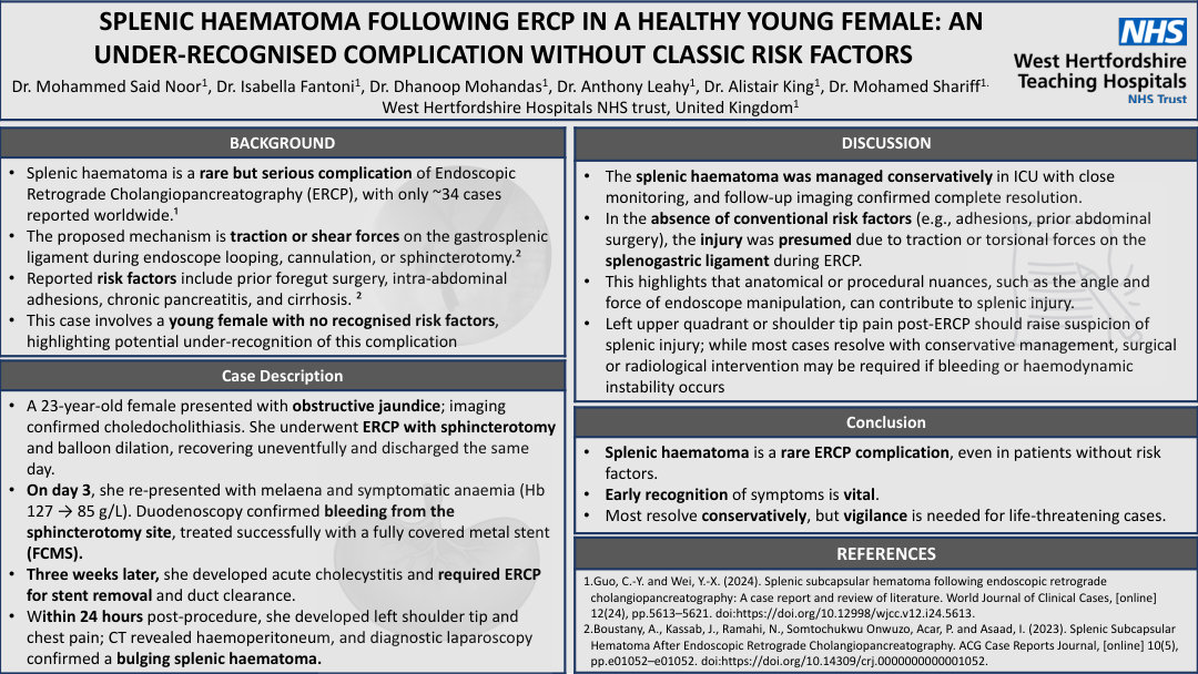 SPLENIC HAEMATOMA FOLLOWING ERCP IN A HEALTHY YOUNG FEMALE: AN UNDER-RECOGNISED COMPLICATION WITHOUT CLASSIC RISK FACTORS