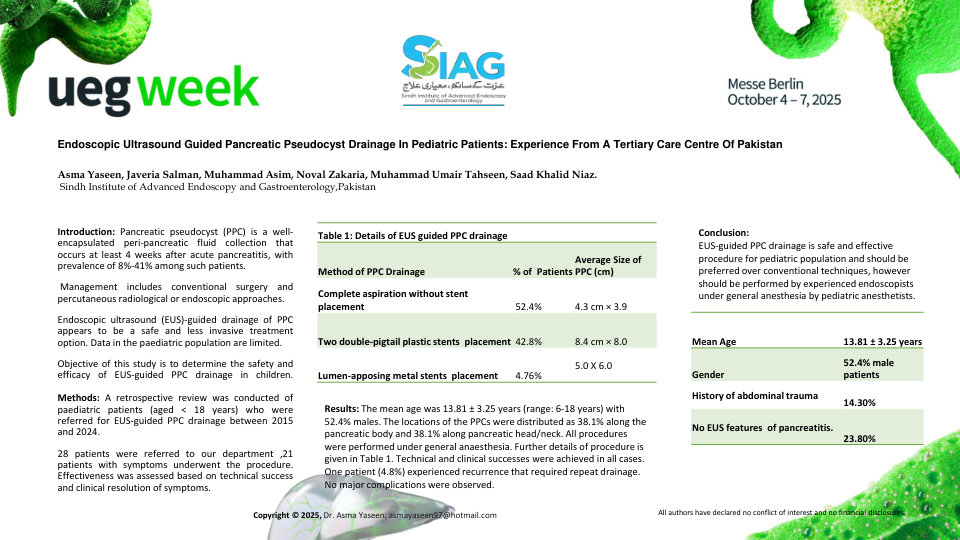 ENDOSCOPIC ULTRASOUND-GUIDED PANCREATIC PSEUDOCYST DRAINAGE IN PEDIATRIC PATIENTS: EXPERIENCE FROM A TERTIARY CARE CENTRE OF PAKISTAN