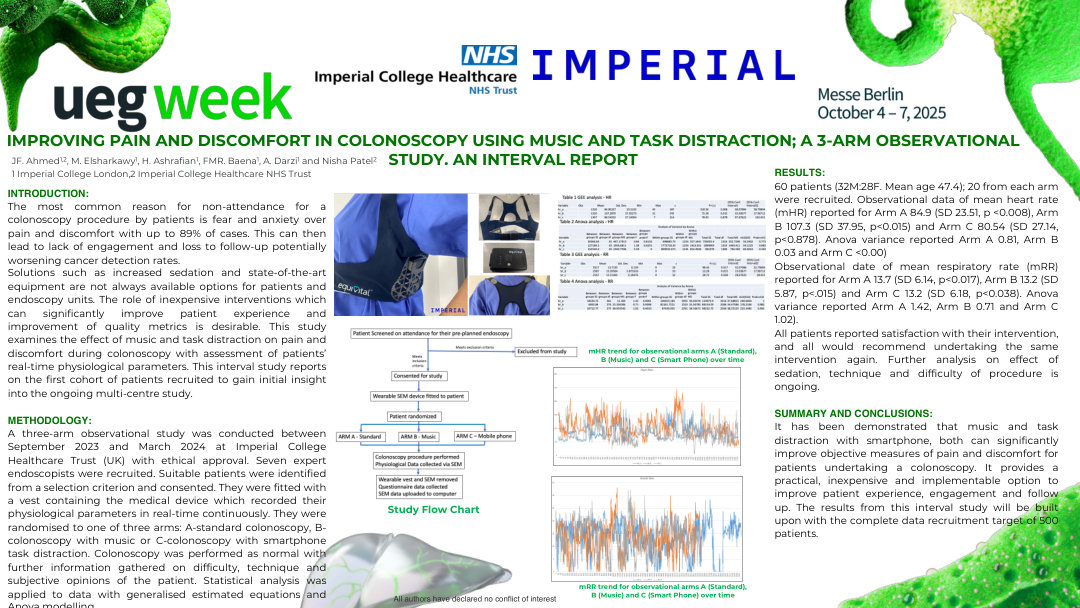 IMPROVING PAIN AND DISCOMFORT IN COLONOSCOPY USING MUSIC AND TASK DISTRACTION; A 3-ARM OBSERVATIONAL STUDY. AN INTERVAL REPORT