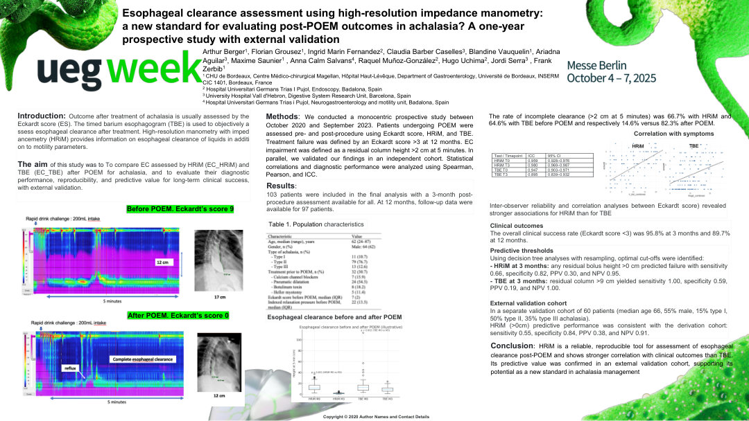 ESOPHAGEAL CLEARANCE ASSESSMENT USING HIGH-RESOLUTION IMPEDANCE MANOMETRY: A NEW STANDARD FOR EVALUATING POST-POEM OUTCOMES IN ACHALASIA? A ONE-YEAR PROSPECTIVE STUDY WITH EXTERNAL VALIDATION