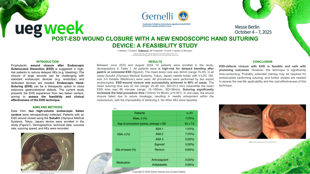POST-ESD WOUND CLOSURE WITH A NEW ENDOSCOPIC HAND SUTURING DEVICE: A FEASIBILITY STUDY