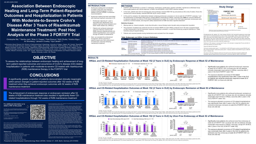 THE ASSOCIATION BETWEEN ENDOSCOPIC HEALING AND LONG-TERM PATIENT REPORTED OUTCOMES AND HOSPITALIZATION IN PATIENTS WITH MODERATE TO SEVERE CROHN’S DISEASE AFTER 3 YEARS OF RISANKIZUMAB MAINTENANCE TREATMENT: POST HOC ANALYSIS OF THE PHASE 3 FORTIFY TRIAL