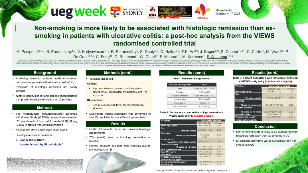 NON-SMOKING IS MORE LIKELY TO BE ASSOCIATED WITH HISTOLOGIC REMISSION THAN EX-SMOKING IN PATIENTS WITH ULCERATIVE COLITIS: A POST-HOC ANALYSIS FROM THE VIEWS RANDOMISED CONTROLLED TRIAL