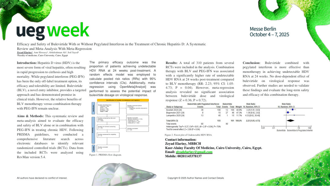 EFFICACY AND SAFETY OF BULEVIRTIDE WITH OR WITHOUT PEGYLATED INTERFERON IN THE TREATMENT OF CHRONIC HEPATITIS D: A SYSTEMATIC REVIEW AND META-ANALYSIS WITH META-REGRESSION