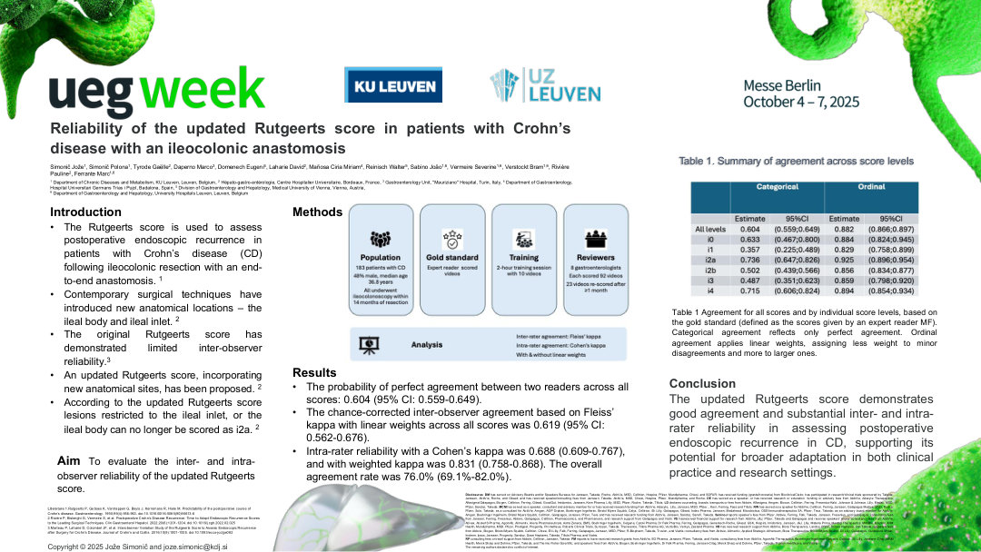 RELIABILITY OF THE UPDATED RUTGEERTS SCORE IN PATIENTS WITH CROHN’S DISEASE WITH AN ILEOCOLONIC ANASTOMOSIS