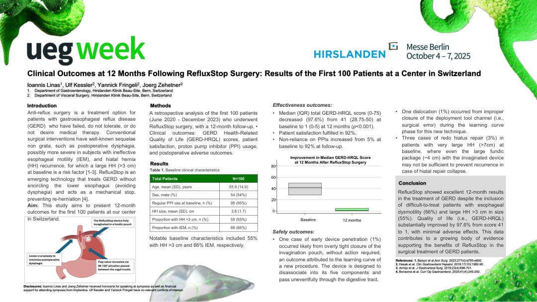 CLINICAL OUTCOMES AT 12 MONTHS FOLLOWING REFLUXSTOP SURGERY: RESULTS OF THE FIRST 100 PATIENTS AT A CENTER IN SWITZERLAND