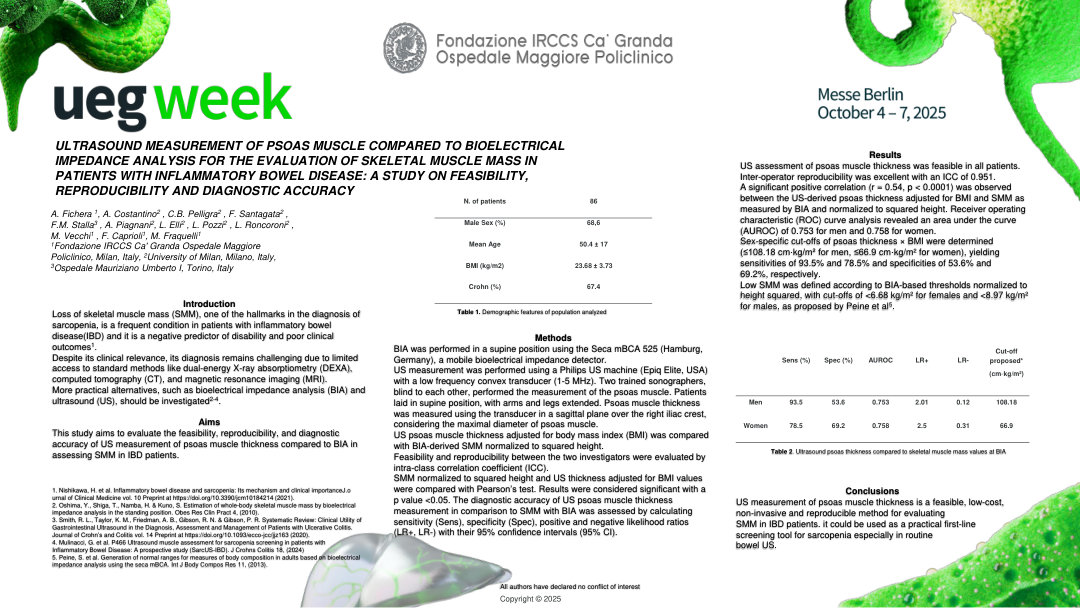ULTRASOUND MEASUREMENT OF PSOAS MUSCLE COMPARED TO BIOELECTRICAL IMPEDANCE ANALYSIS FOR THE EVALUATION OF SKELETAL MUSCLE MASS IN PATIENTS WITH INFLAMMATORY BOWEL DISEASE: A STUDY ON FEASIBILITY, REPRODUCIBILITY AND DIAGNOSTIC ACCURACY