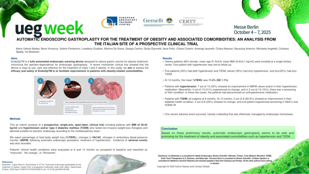 AUTOMATIC ENDOSCOPIC GASTROPLASTY FOR THE TREATMENT OF OBESITY AND ASSOCIATED COMORBIDITIES: AN ANALYSIS FROM THE ITALIAN SITE OF A PROSPECTIVE CLINICAL TRIAL