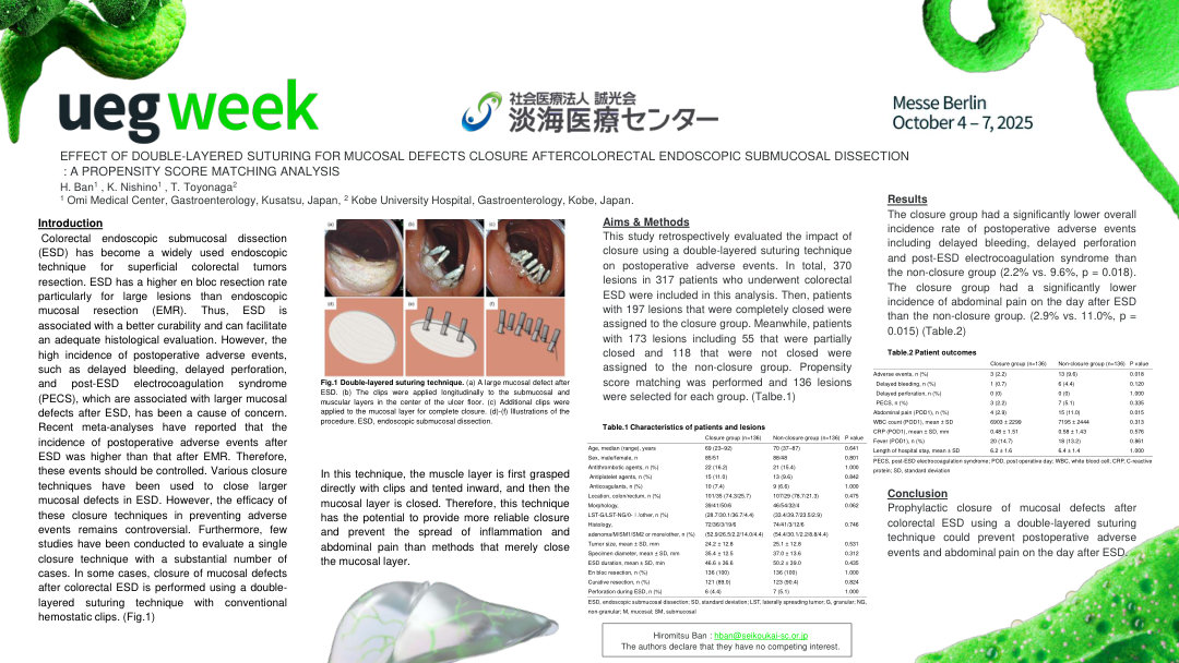 EFFECT OF DOUBLE-LAYERED SUTURING FOR MUCOSAL DEFECTS CLOSURE AFTER COLORECTAL ENDOSCOPIC SUBMUCOSAL DISSECTION : A PROPENSITY SCORE MATCHING ANALYSIS