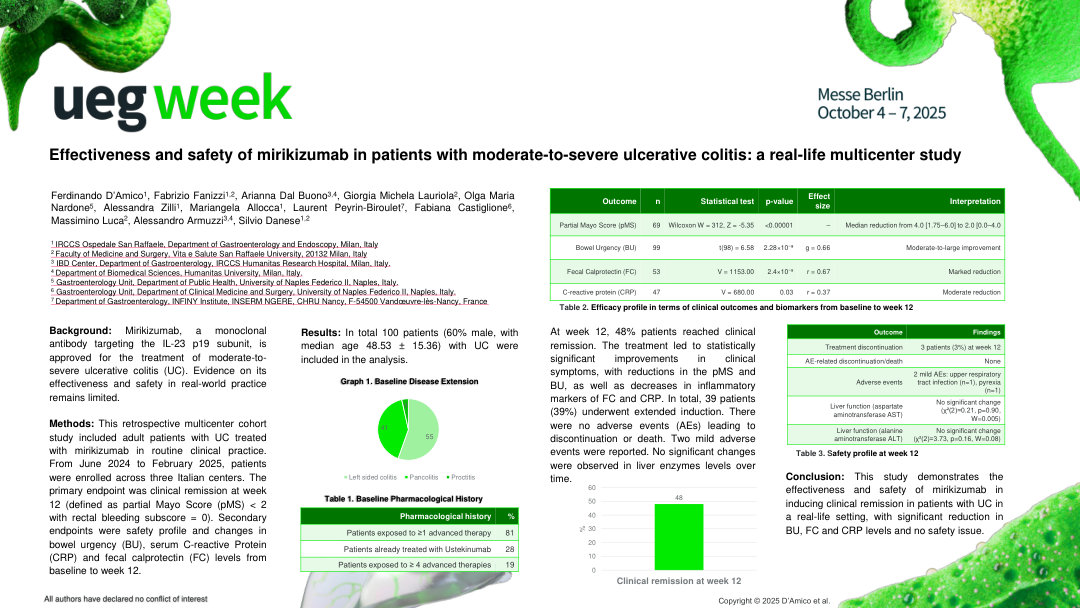 EFFECTIVENESS AND SAFETY OF MIRIKIZUMAB IN PATIENTS WITH MODERATE-TO-SEVERE ULCERATIVE COLITIS: A REAL-LIFE MULTICENTER STUDY