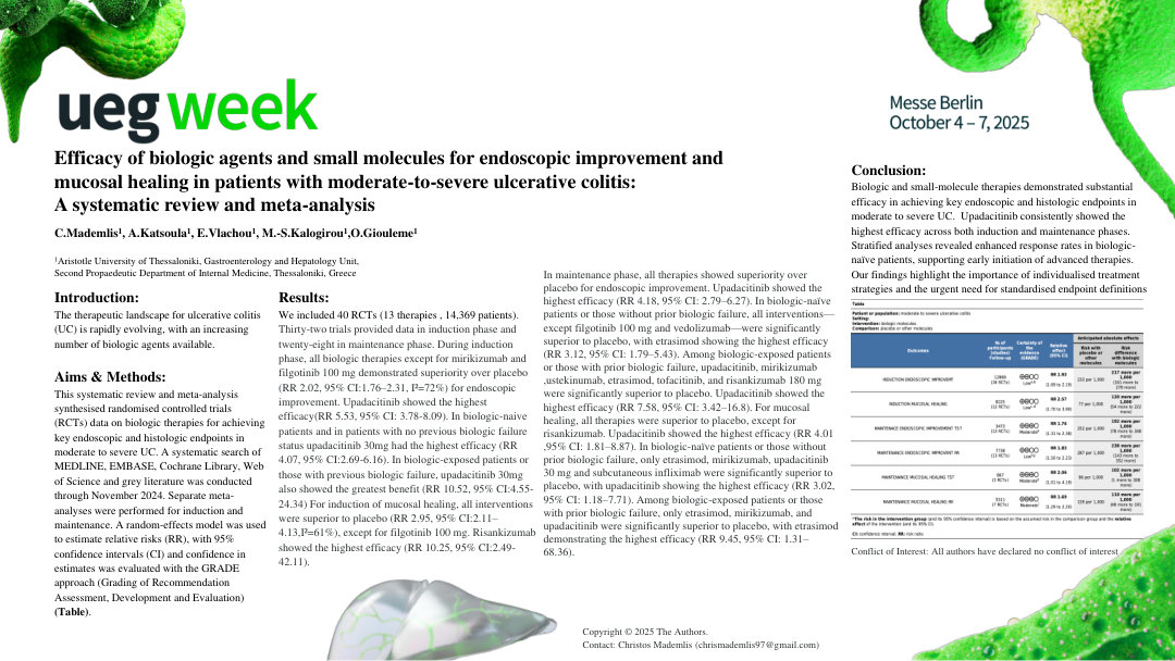 EFFICACY OF BIOLOGIC AGENTS AND SMALL MOLECULES FOR ENDOSCOPIC IMPROVEMENT AND MUCOSAL HEALING IN PATIENTS WITH MODERATE-TO-SEVERE ULCERATIVE COLITIS: A SYSTEMATIC REVIEW AND META-ANALYSIS