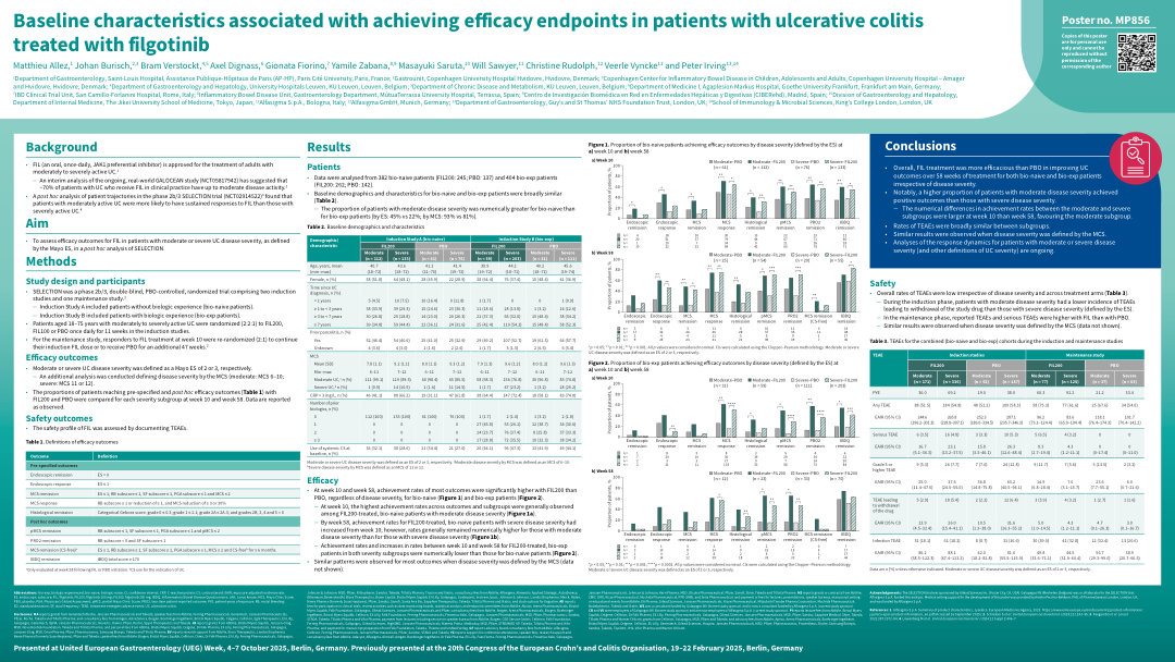 BASELINE CHARACTERISTICS ASSOCIATED WITH ACHIEVING EFFICACY ENDPOINTS IN PATIENTS WITH ULCERATIVE COLITIS TREATED WITH FILGOTINIB