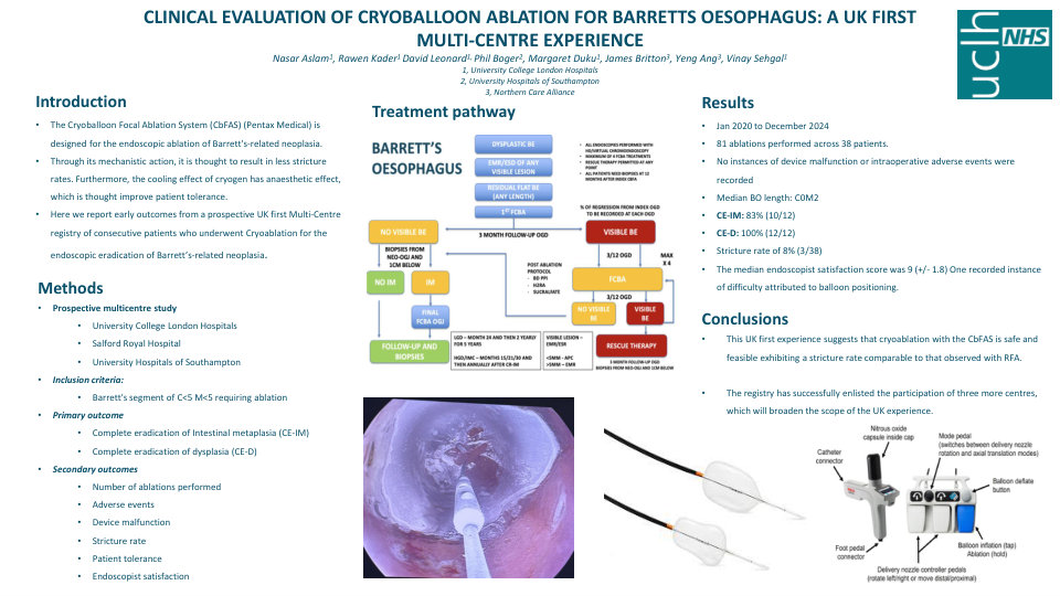 CLINICAL EVALUATION OF CRYOBALLOON ABLATION FOR BARRETTS ESOPHAGUS: A UK FIRST MULTI-CENTRE EXPERIENCE