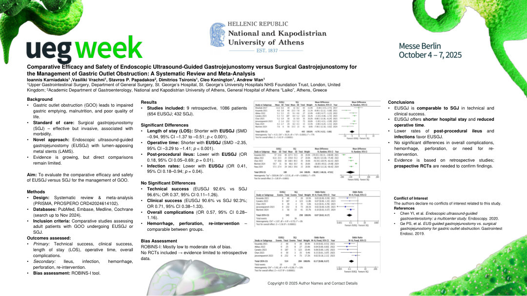 COMPARATIVE EFFICACY AND SAFETY OF ENDOSCOPIC ULTRASOUND-GUIDED GASTROJEJUNOSTOMY VERSUS SURGICAL GASTROJEJUNOSTOMY FOR THE MANAGEMENT OF GASTRIC OUTLET OBSTRUCTION: A SYSTEMATIC REVIEW AND META-ANALYSIS