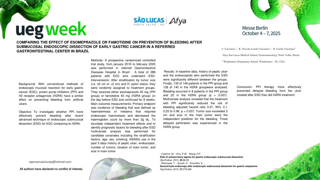 COMPARING THE EFFECT OF ESOMEPRAZOLE OR FAMOTIDINE ON PREVENTION OF BLEEDING AFTER SUBMUCOSAL ENDOSCOPIC DISSECTION OF EARLY GASTRIC CANCER IN A REFERRED GASTROINTESTINAL CENTER IN BRAZIL