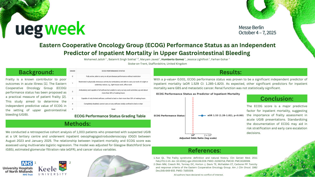 EASTERN COOPERATIVE ONCOLOGY GROUP( ECOG) PERFORMANCE STATUS AS AN INDEPENDENT PREDICTOR OF INPATIENT MORTALITY IN UPPER GASTROINTESTINAL BLEEDING