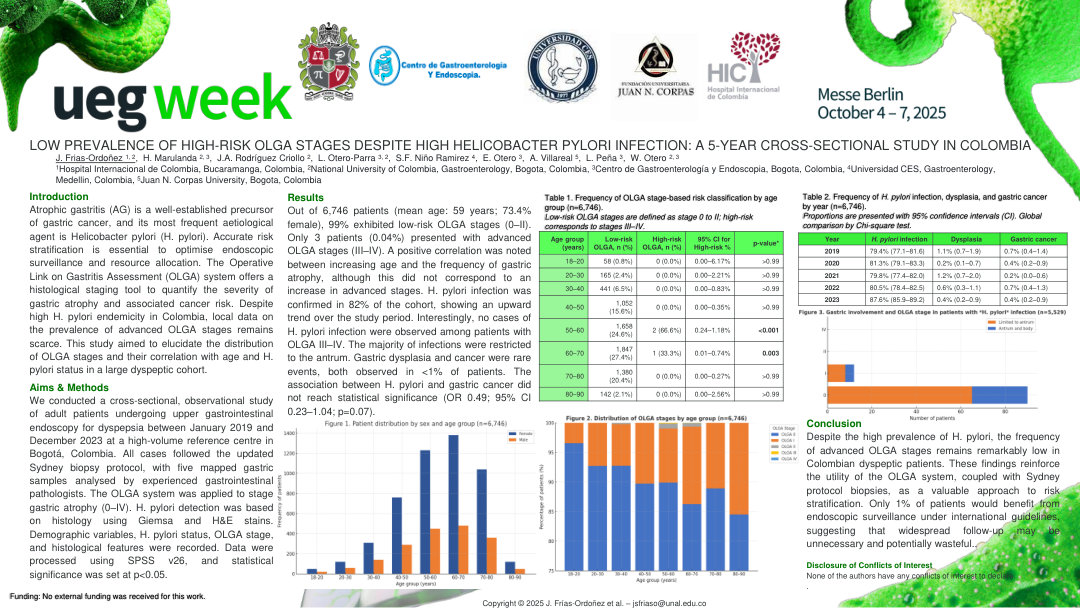 LOW PREVALENCE OF HIGH-RISK OLGA STAGES DESPITE HIGH HELICOBACTER PYLORI INFECTION: A 5-YEAR CROSS-SECTIONAL STUDY IN COLOMBIA