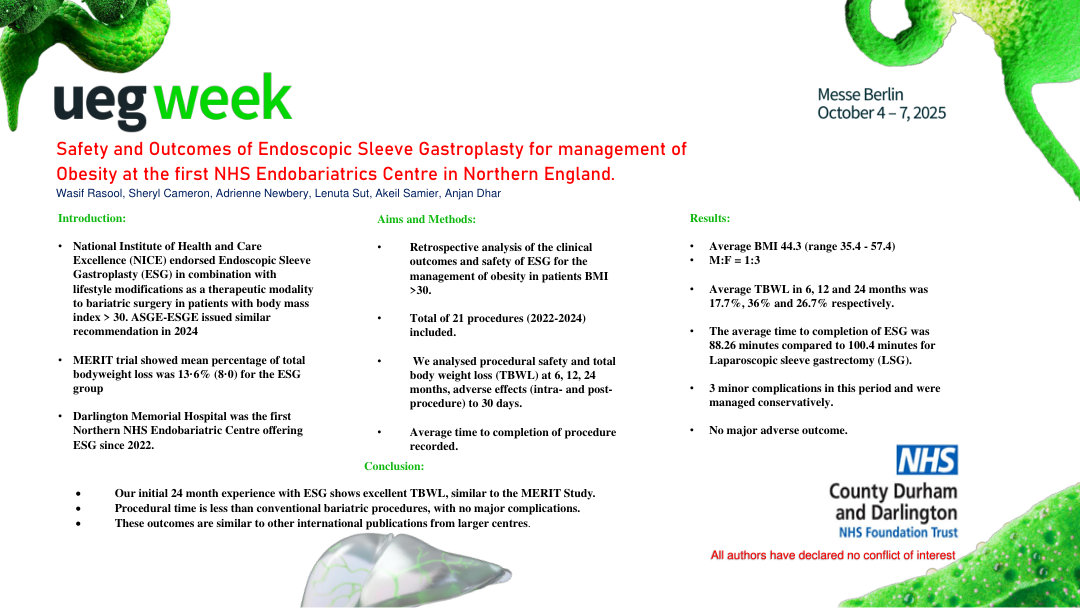 SAFETY AND OUTCOMES OF ENDOSCOPIC SLEEVE GASTROPLASTY FOR MANAGEMENT OF OBESITY AT THE FIRST NHS ENDOBARIATRICS CENTRE IN NORTH OF ENGLAND