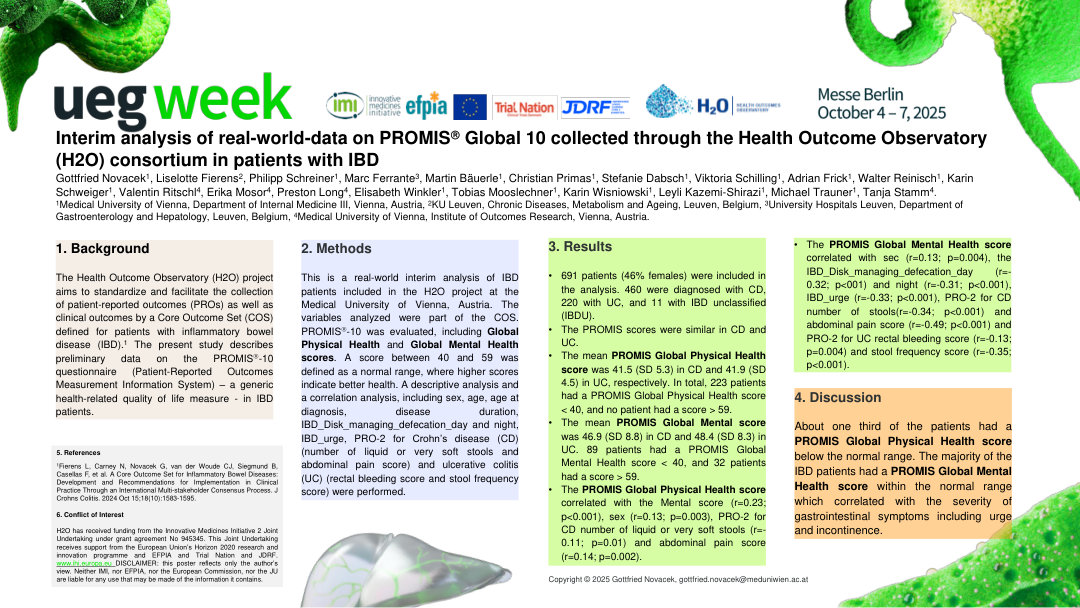 INTERIM ANALYSIS OF REAL-WORLD-DATA ON PROMIS<SUP>®</SUP> GLOBAL 10 COLLECTED THROUGH THE HEALTH OUTCOME OBSERVATORY (H2O) CONSORTIUM IN PATIENTS WITH IBD