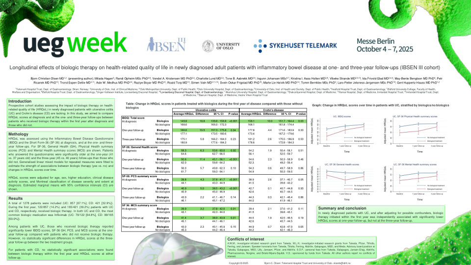 LONGITUDINAL EFFECTS OF BIOLOGIC THERAPY ON HEALTH-RELATED QUALITY OF LIFE IN NEWLY DIAGNOSED ADULT PATIENTS WITH INFLAMMATORY BOWEL DISEASE AT ONE- AND THREE-YEAR FOLLOW-UPS (THE IBSEN III COHORT)