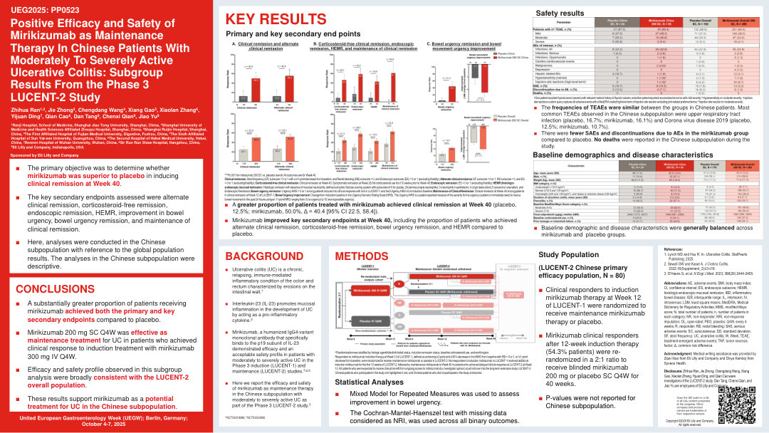 POSITIVE EFFICACY AND SAFETY OF MIRIKIZUMAB AS MAINTENANCE THERAPY IN CHINESE PATIENTS WITH MODERATELY TO SEVERELY ACTIVE ULCERATIVE COLITIS: SUBGROUP RESULTS FROM THE PHASE 3 LUCENT-2 STUDY