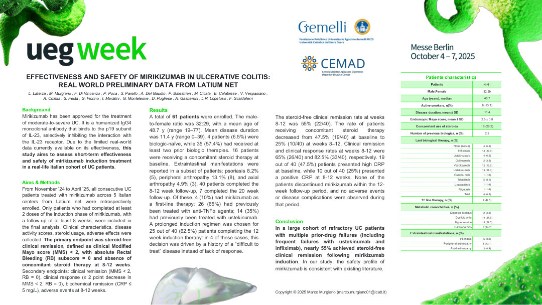 EFFECTIVENESS AND SAFETY OF MIRIKIZUMAB IN ULCERATIVE COLITIS: REAL WORLD PRELIMINARY DATA FROM LATIUM NET