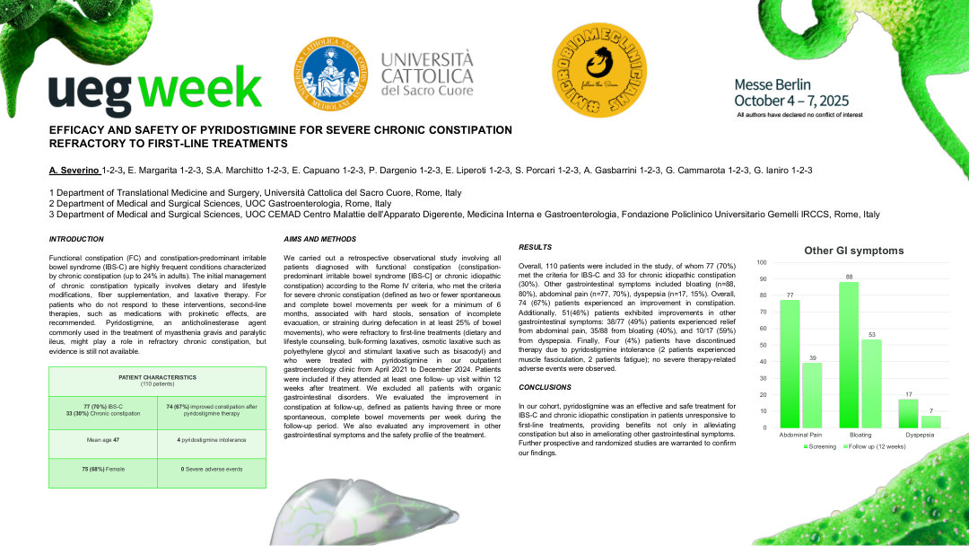 EFFICACY AND SAFETY OF PYRIDOSTIGMINE FOR SEVERE CHRONIC CONSTIPATION REFRACTORY TO FIRST-LINE TREATMENTS
