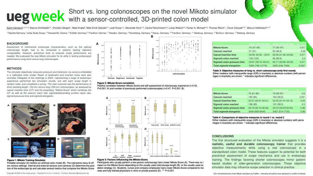 SHORT VS. LONG COLONOSCOPES ON THE NOVEL MIKOTO SIMULATOR WITH A SENSOR-CONTROLLED, 3D-PRINTED COLON MODEL