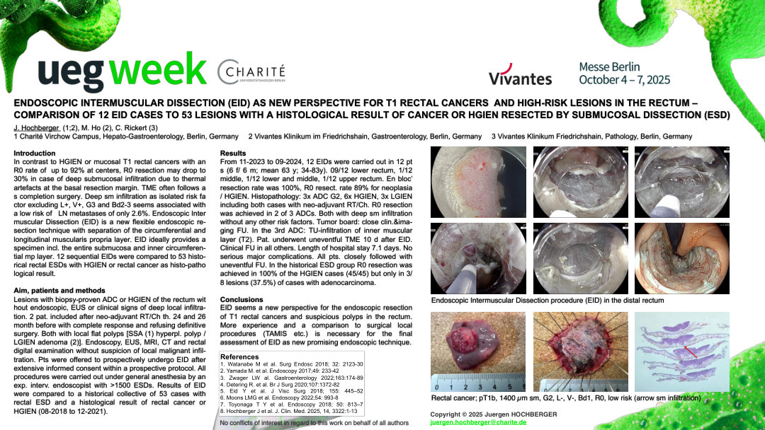 ENDOSCOPIC INTERMUSCULAR DISSECTION (EID) AS NEW PERSPECTIVE FOR T1 RECTAL CANCERS AND HIGH-RISK LESIONS IN THE RECTUM - FIRST COMPARISON OF 12 EID CASES TO 53 LESIONS WITH A HISTOLOGICAL RESULT OF CANCER OR HGIEN RESECTED BY SUBMUCOSAL DISSECTION (ESD)