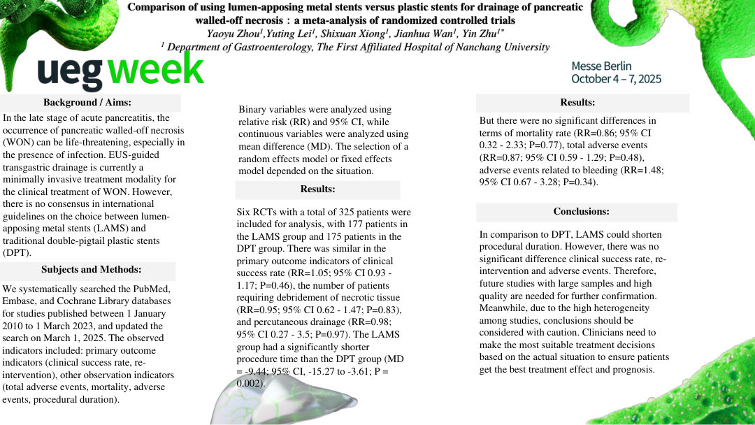 COMPARISON OF USING LUMEN-APPOSING METAL STENTS VERSUS PLASTIC STENTS FOR DRAINAGE OF PANCREATIC WALLED-OFF NECROSIS: A META-ANALYSIS OF RANDOMIZED CONTROLLED TRIALS