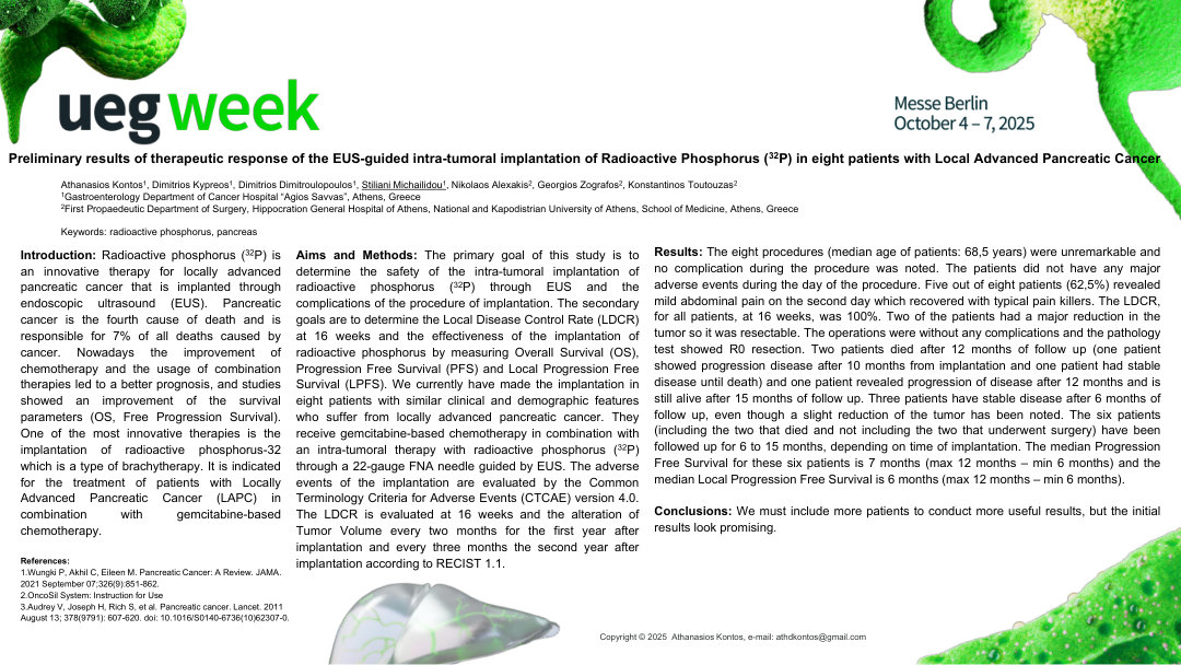 PRELIMINARY RESULTS OF THERAPEUTIC RESPONSE OF THE EUS-GUIDED INTRA-TUMORAL IMPLANTATION OF RADIOACTIVE PHOSPHORUS (32P) IN 8 PATIENTS WITH LOCAL ADVANCED PANCREATIC CANCER